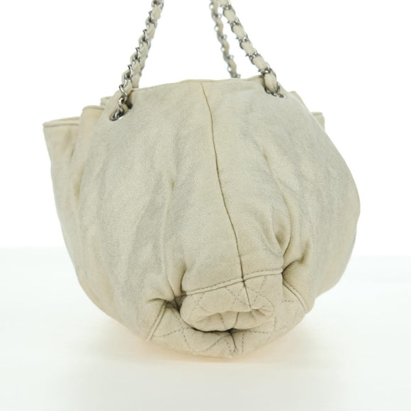 CHANEL Chain Melrose Cabas Shoulder Bag Canvas Beige Silver CC Auth 177138V