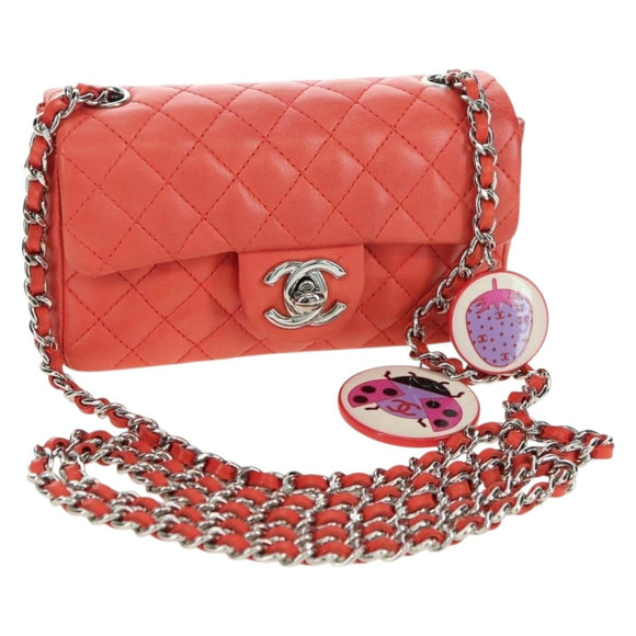 CHANEL Mini Matelasse 14 Chain Bag Lamb Skin Red Silver CC Auth 177139SAM