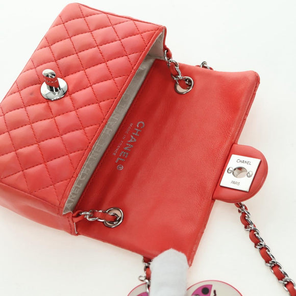 CHANEL Mini Matelasse 14 Chain Bag Lamshuid Rood Zilverkleurig CC Auth 177139SAM