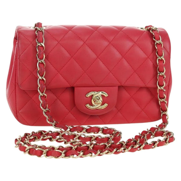 CHANEL Matelasse 20 Chain Shoulder Bag Lamb Skin Red Gold CC Auth 177140SAM