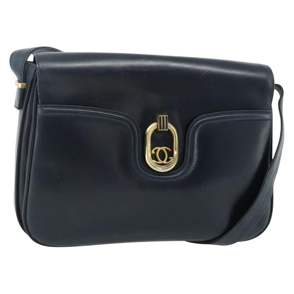 GUCCI Shoulder Bag Leather Navy Gold Auth 177154