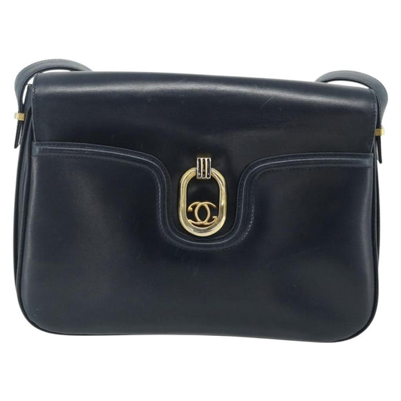 GUCCI Shoulder Bag Leather Navy Gold Auth 177154