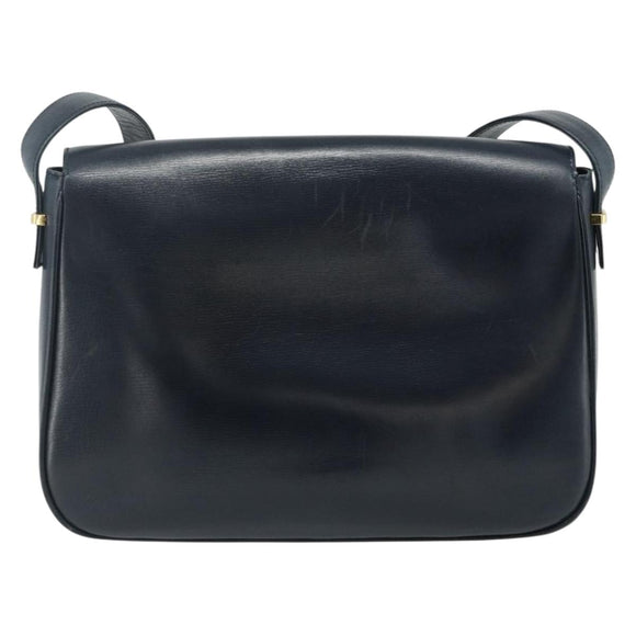 GUCCI Shoulder Bag Leather Navy Gold Auth 177154