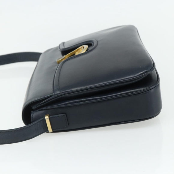 GUCCI Shoulder Bag Leather Navy Gold Auth 177154