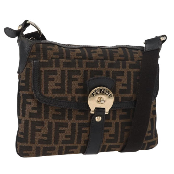 FENDI Zucca Canvas Shoulder Bag Black Brown Auth 177159A