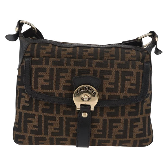 FENDI Zucca Canvas Shoulder Bag Black Brown Auth 177159A