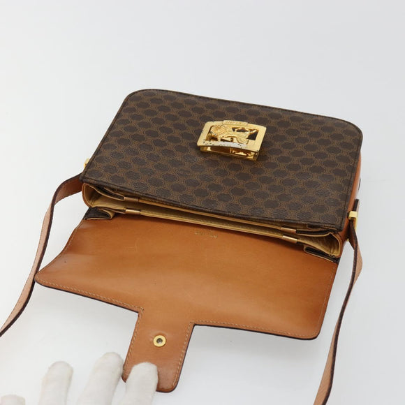 CELINE Macadam Canvas Horse Carriage Bag PVC Leather Brown Gold Auth 177195A