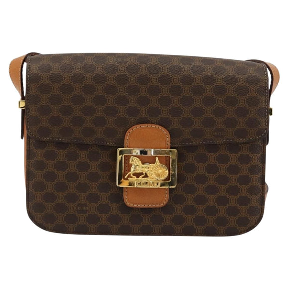 CELINE Macadam Canvas Horse Carriage Bag PVC Leather Brown Gold Auth 177195A