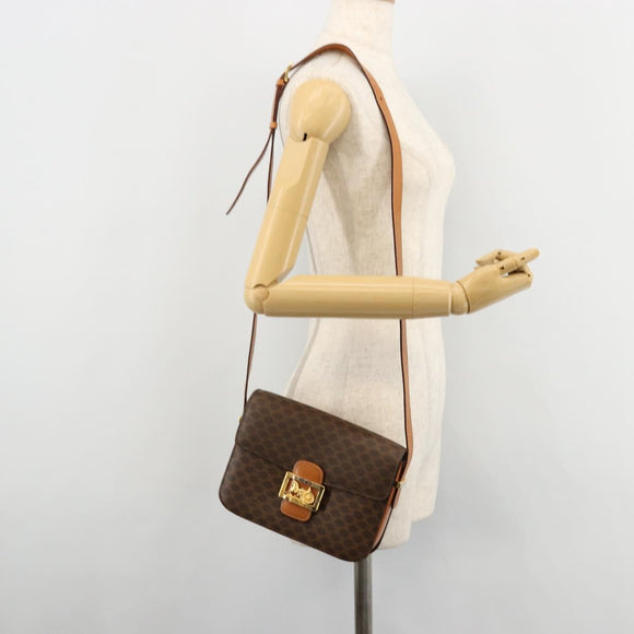 CELINE Macadam Canvas Horse Carriage Bag PVC Leather Brown Gold Auth 177195A