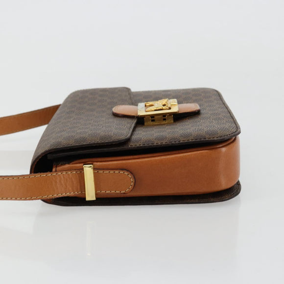 CELINE Macadam Canvas Horse Carriage Bag PVC Leather Brown Gold Auth 177195A