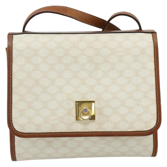 CELINE Macadam Canvas Shoulder Bag PVC Leather White Gold Auth 177197