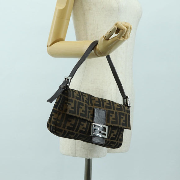 FENDI Zucca Canvas Mamma Baguette Shoulder Bag Black Brown Auth 177212SAV
