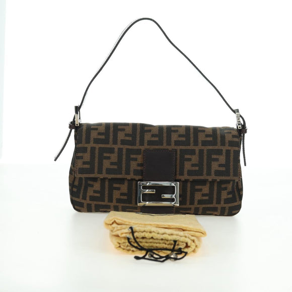 FENDI Zucca Canvas Mamma Baguette Shoulder Bag Black Brown Auth 177212SAV