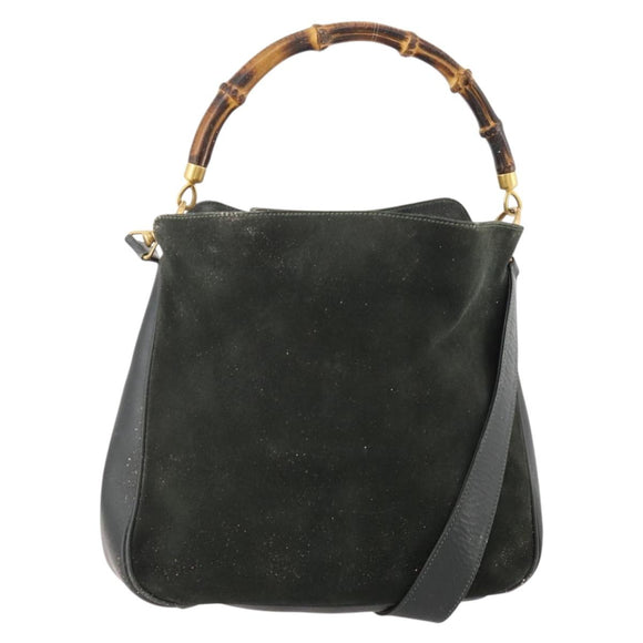 GUCCI Bamboo Shoulder Bag Suede 2way Black Gold 001 1705 1638 Auth 177216