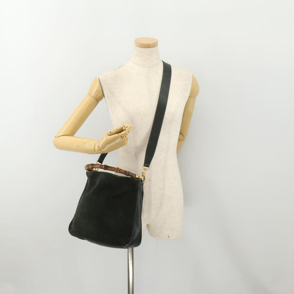 GUCCI Bamboo Shoulder Bag Suede 2way Black Gold 001 1705 1638 Auth 177216