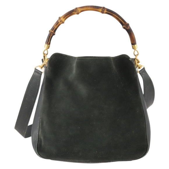 GUCCI Bamboo Shoulder Bag Suede 2way Black Gold 001 1705 1638 Auth 177216