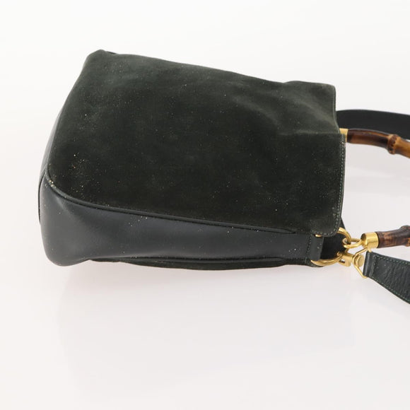 GUCCI Bamboo Shoulder Bag Suede 2way Black Gold 001 1705 1638 Auth 177216