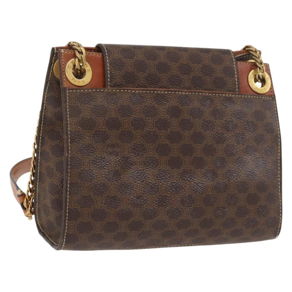 CELINE Macadam Canvas Chain Shoulder Bag PVC Leather Brown Gold Auth 177217