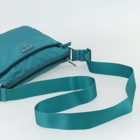 PRADA Shoulder Bag Nylon Turquoise Blue Silver Auth 177218A