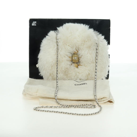 CHANEL Chain Shoulder Bag Fur White Silver CC Auth 177221V