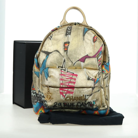 CHANEL Graphic Backpack Coated Canvas Gold CC Auth 177236SM