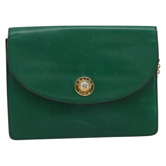 CELINE Chain Shoulder Bag Leather Green Gold Auth 177238A