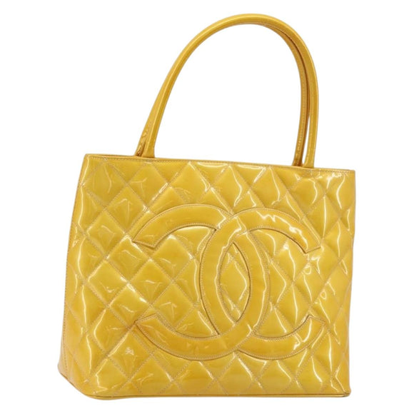 CHANEL Standard Tote Bag Patent leather Yellow CC Auth 177242