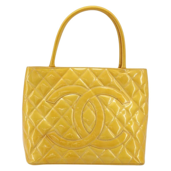 CHANEL Standard Tote Bag Patent leather Yellow CC Auth 177242