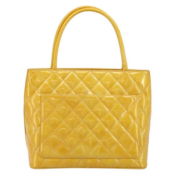 CHANEL Standard Tote Bag Patent leather Yellow CC Auth 177242