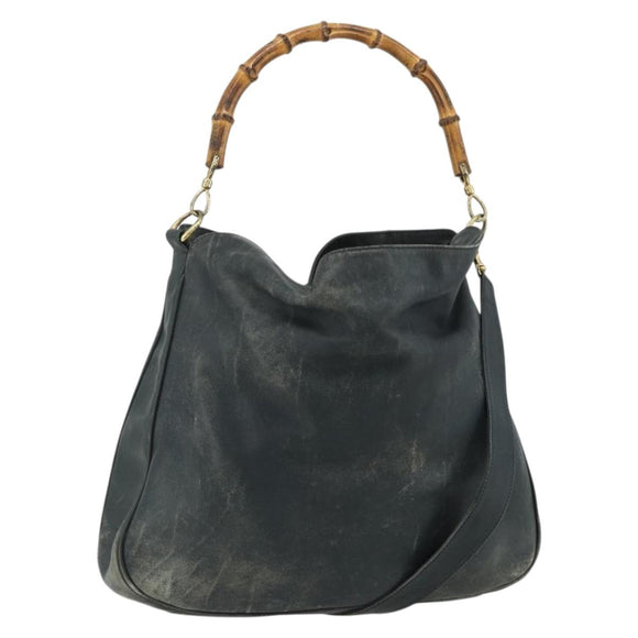 GUCCI Bamboo Shoulder Bag Leather 2way Black Gold Auth 177243