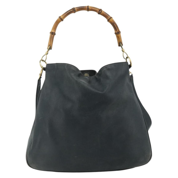 GUCCI Bamboo Shoulder Bag Leather 2way Black Gold Auth 177243