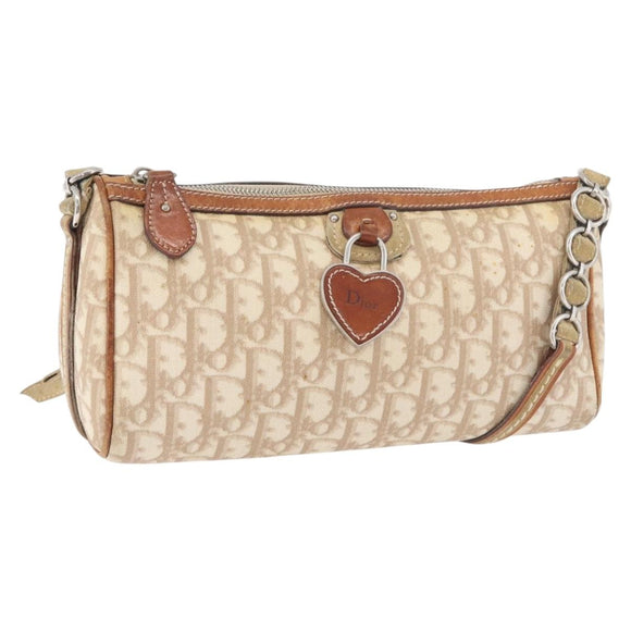 Christian Dior Trotter Canvas Romantic Schoudertas PVC Beige Zilver Auth 177266