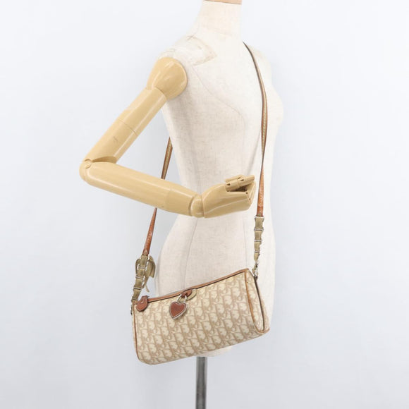 Christian Dior Trotter Canvas Romantic Schoudertas PVC Beige Zilver Auth 177266