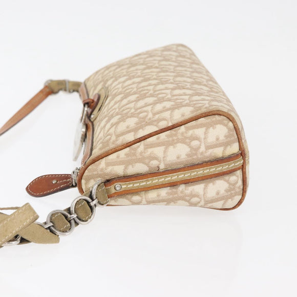 Christian Dior Trotter Canvas Romantic Schoudertas PVC Beige Zilver Auth 177266