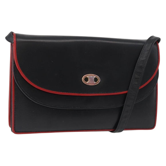CELINE Double Flap Shoulder Bag Leather Black Gold Auth 177277A