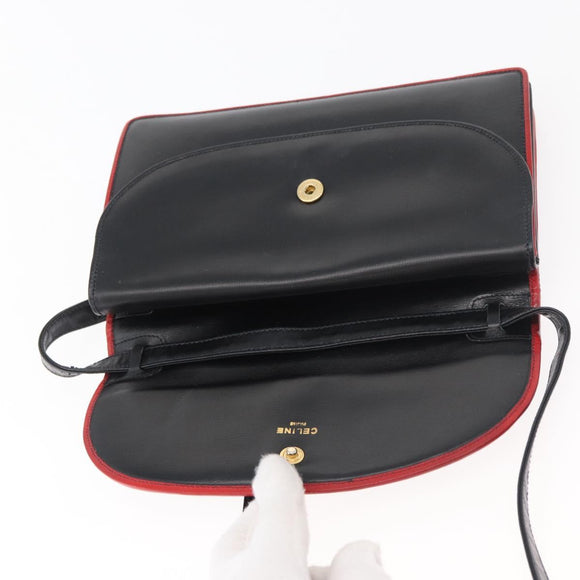 CELINE Double Flap Shoulder Bag Leather Black Gold Auth 177277A