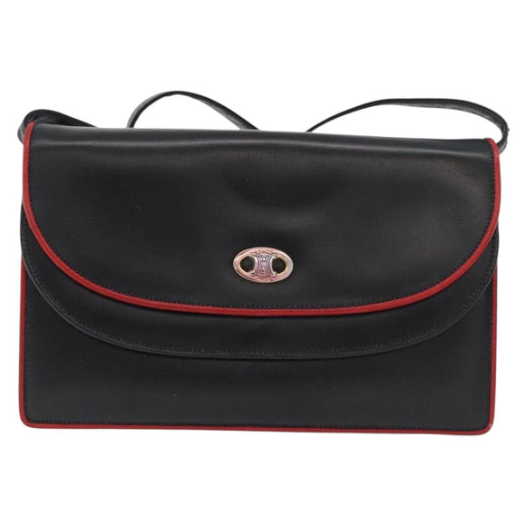 CELINE Double Flap Shoulder Bag Leather Black Gold Auth 177277A