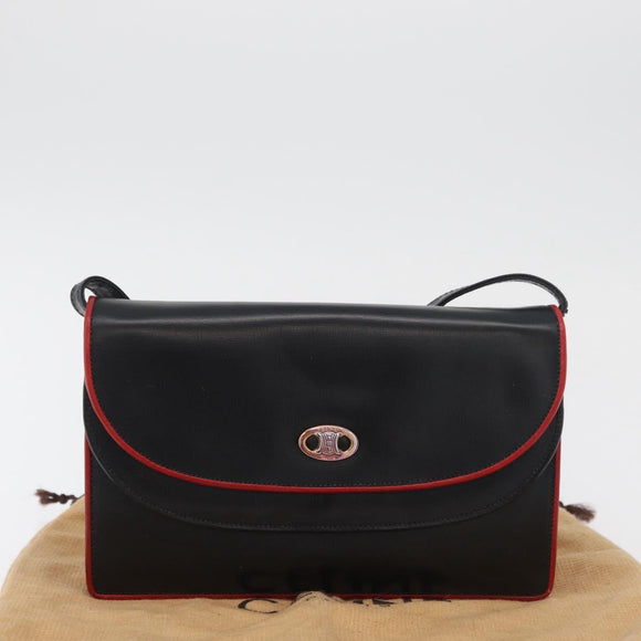 CELINE Double Flap Shoulder Bag Leather Black Gold Auth 177277A
