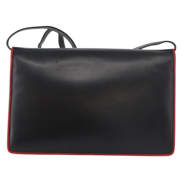 CELINE Double Flap Shoulder Bag Leather Black Gold Auth 177277A