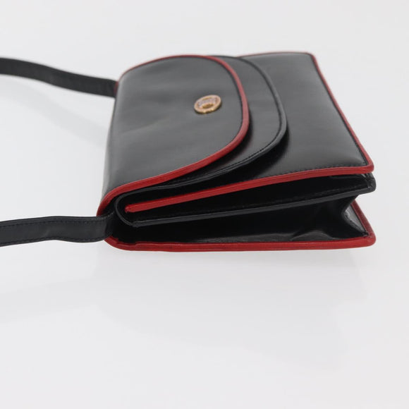 CELINE Double Flap Shoulder Bag Leather Black Gold Auth 177277A