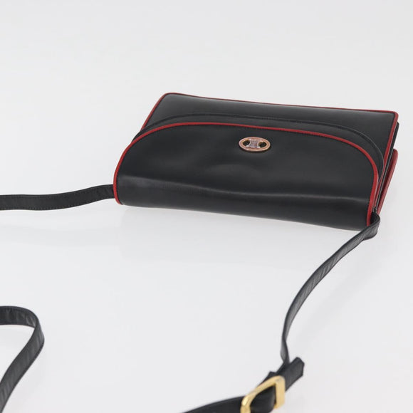 CELINE Double Flap Shoulder Bag Leather Black Gold Auth 177277A