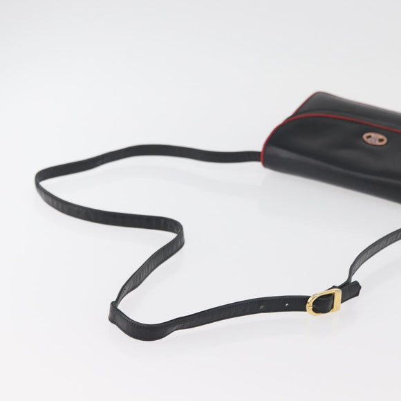 CELINE Double Flap Shoulder Bag Leather Black Gold Auth 177277A