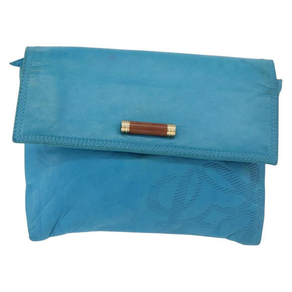 LOEWE Anagram Shoulder Bag Leather Turquoise Blue Gold Auth 177303