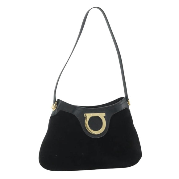 Salvatore Ferragamo Gancini Shoulder Bag Suede Black Gold Auth 177304A