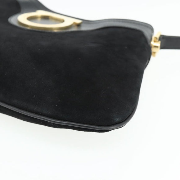 Salvatore Ferragamo Gancini Shoulder Bag Suede Black Gold Auth 177304A