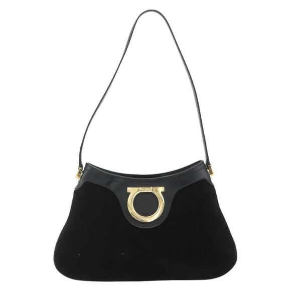 Salvatore Ferragamo Gancini Shoulder Bag Suede Black Gold Auth 177304A