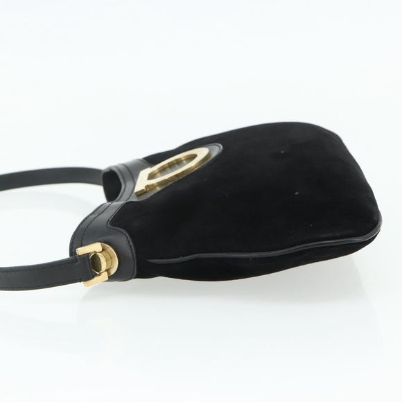 Salvatore Ferragamo Gancini Shoulder Bag Suede Black Gold Auth 177304A