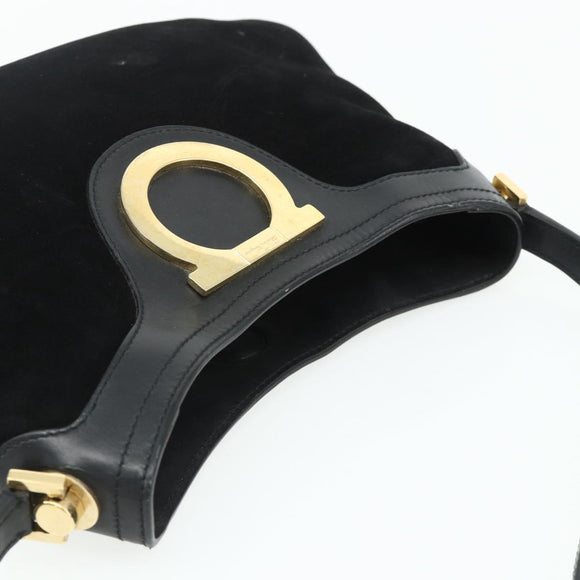 Salvatore Ferragamo Gancini Shoulder Bag Suede Black Gold Auth 177304A