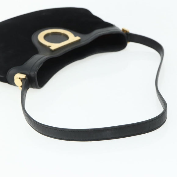 Salvatore Ferragamo Gancini Shoulder Bag Suede Black Gold Auth 177304A