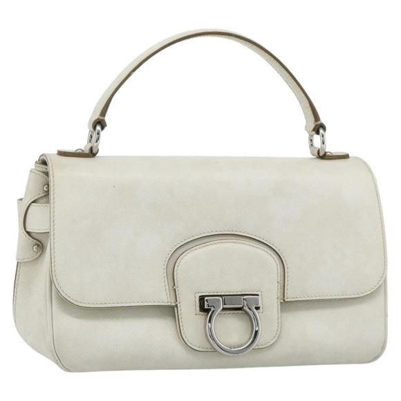Salvatore Ferragamo Gancini Hand Bag Leather White Silver Auth 177310A